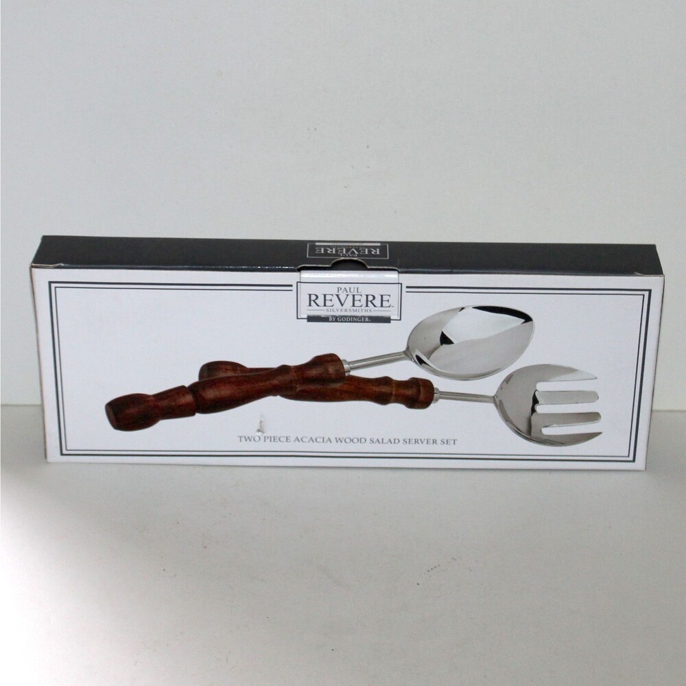 Paul Revere 2 Piece Salad Server Set Godinger Stainless Steel Acacia Wood NEW